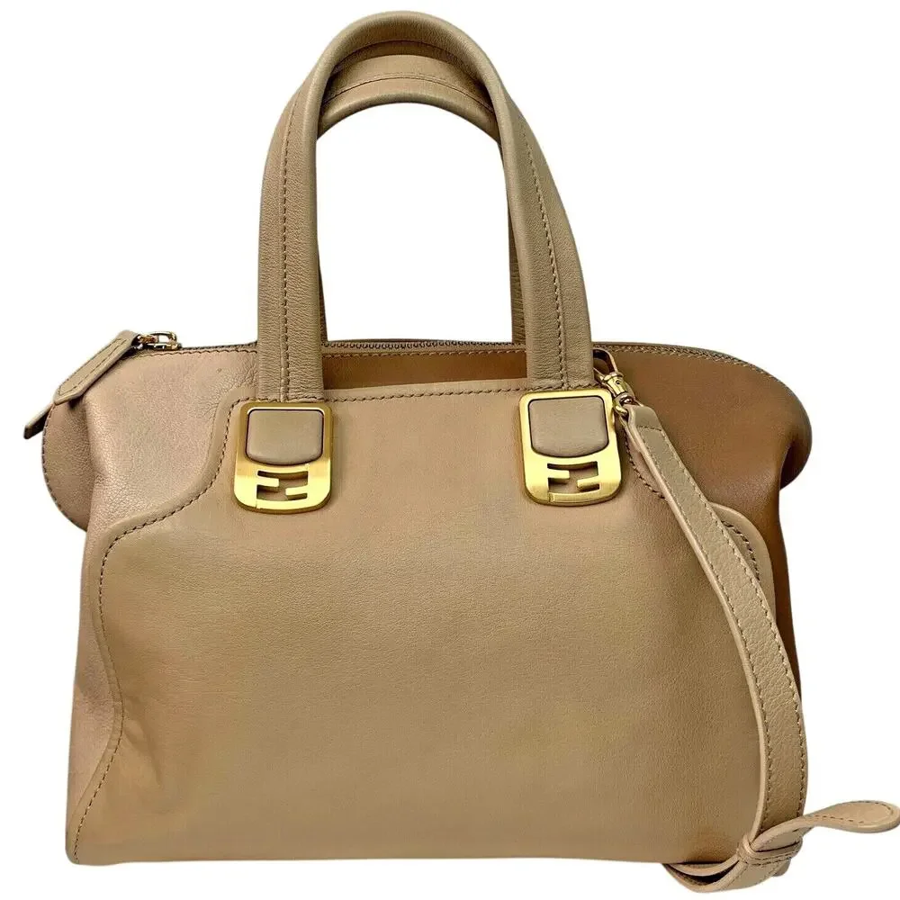 FENDI Chameleon Tri Nude Beige Tan Camel Leather Satchel Top Handle Bag Strap